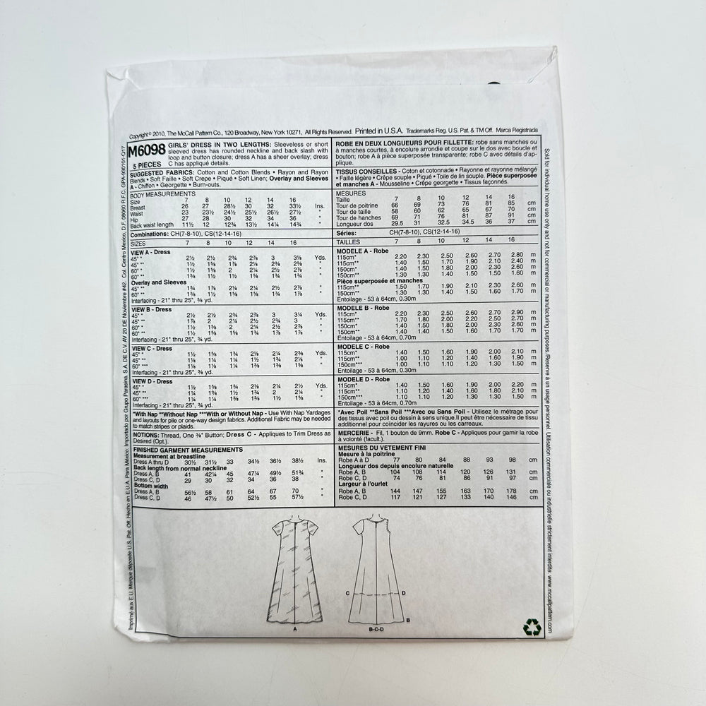 Sewing Pattern - Junior - McCall's 6098