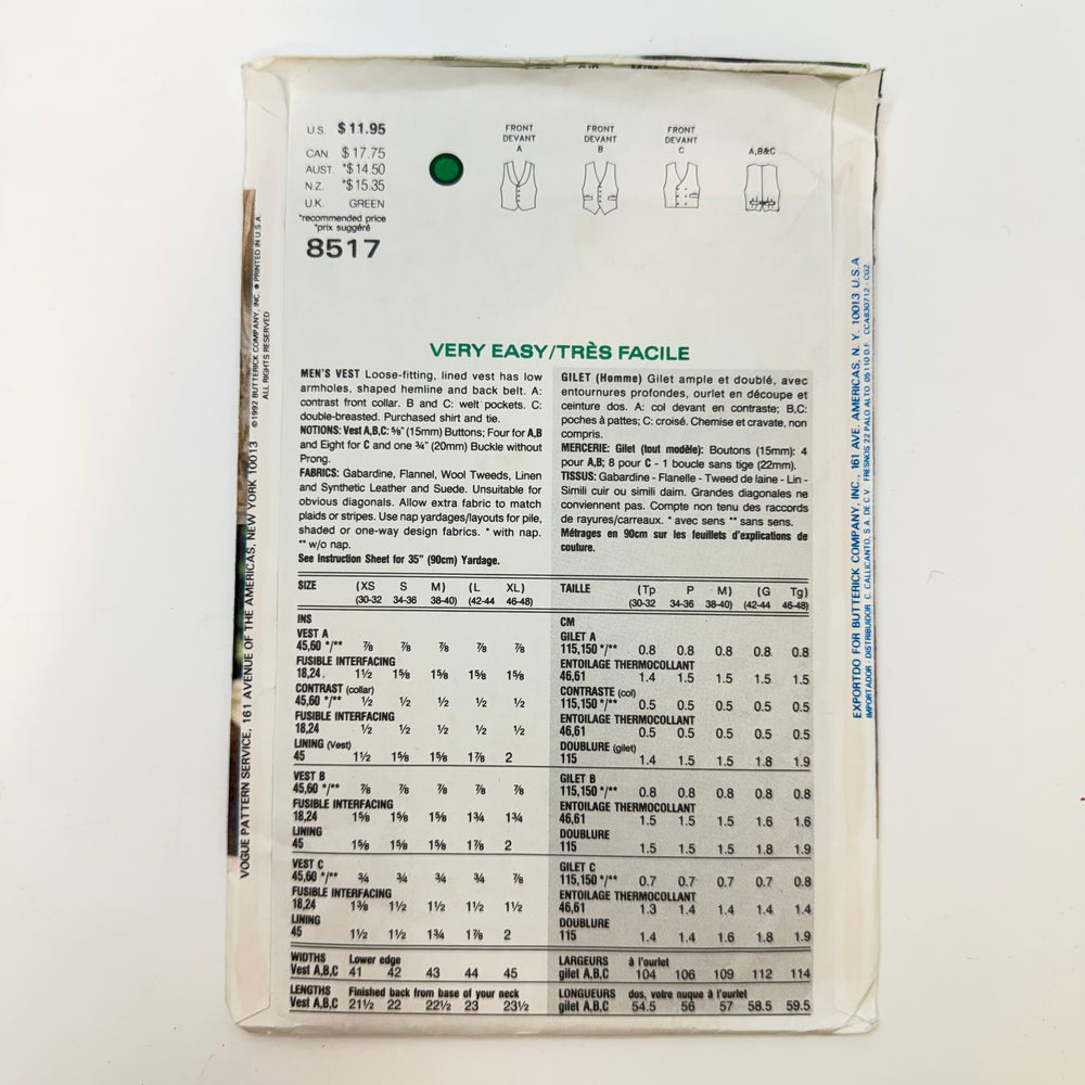 Sewing Pattern - Menswear - Vogue 8517