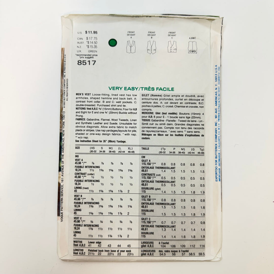 Sewing Pattern - Menswear - Vogue 8517