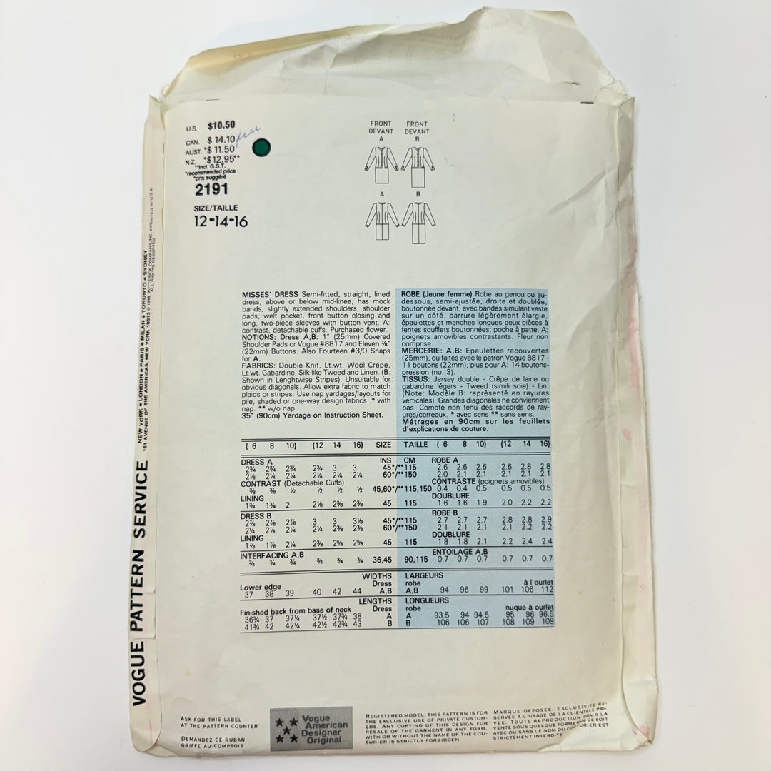 Sewing Pattern - Womenswear - Vogue 2191