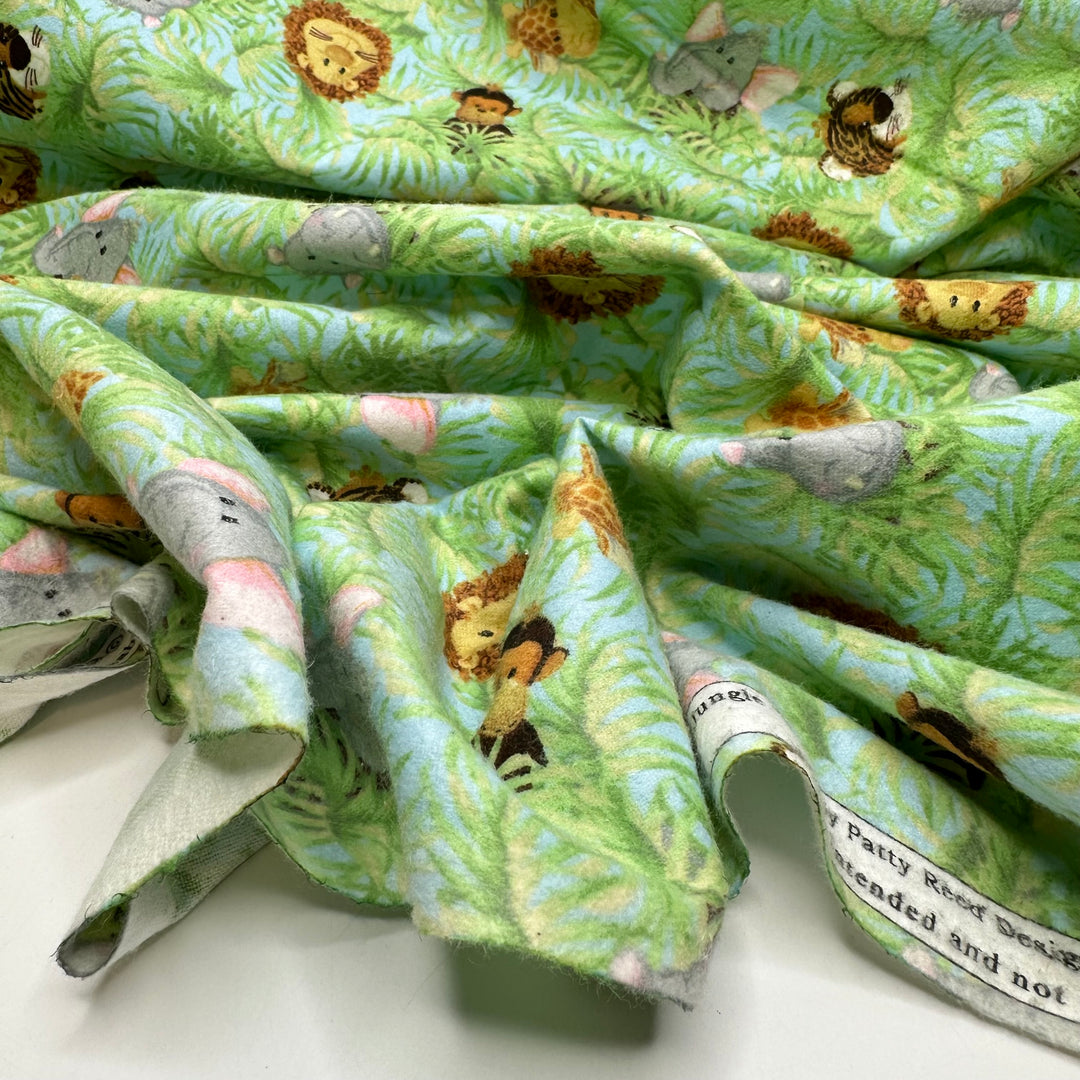 Name The Fabric Oct 12 - Flanelette Cotton Woven - Green Multi Jungle Animals - Bundles