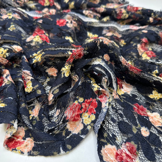 NTF - Mar 14 - Pleat Tucks Lace Polyester Blend Knit - Navy Multi Floral - Bundles