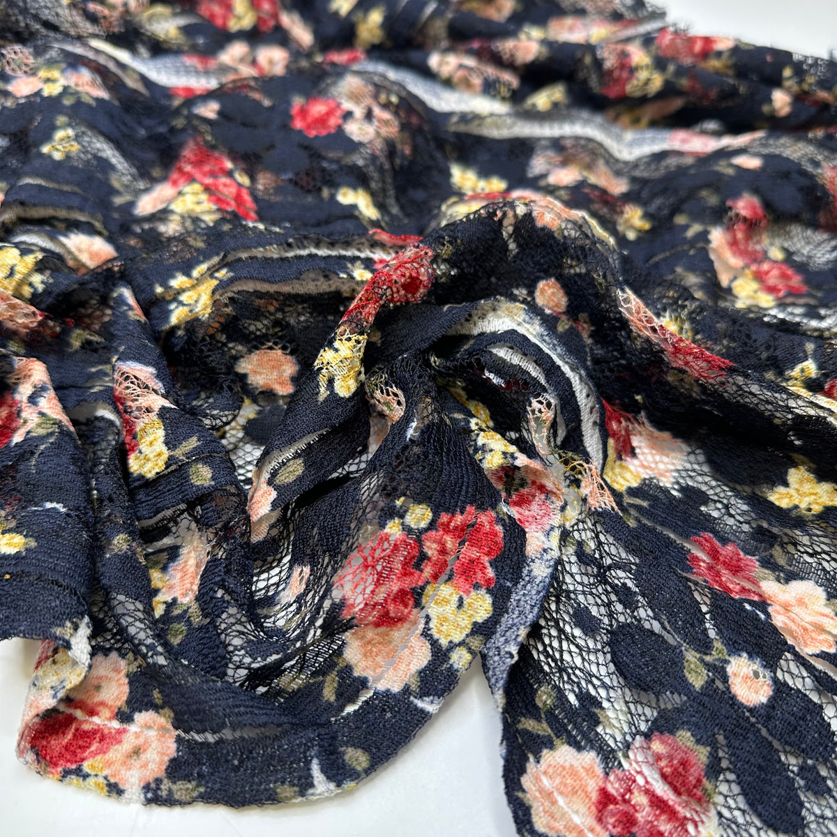 NTF - Mar 14 - Pleat Tucks Lace Polyester Blend Knit - Navy Multi Floral - Bundles