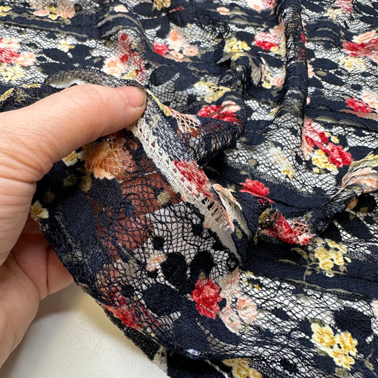 NTF - Mar 14 - Pleat Tucks Lace Polyester Blend Knit - Navy Multi Floral - Bundles