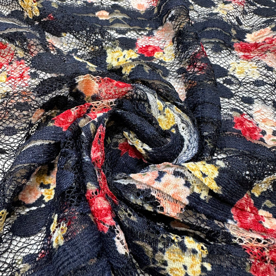 NTF - Mar 14 - Pleat Tucks Lace Polyester Blend Knit - Navy Multi Floral - Bundles