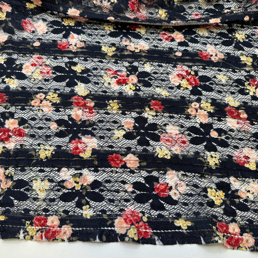 NTF - Mar 14 - Pleat Tucks Lace Polyester Blend Knit - Navy Multi Floral - Bundles