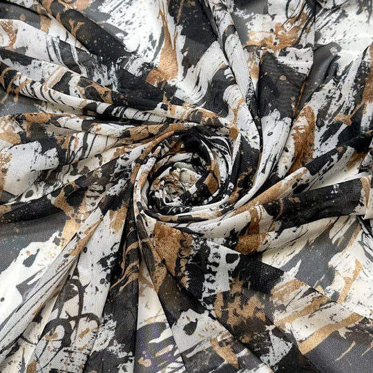 Going On A Shopping Spree - Mesh Poly/Spandex Knit - Black/Gold Abstract - 1M Bundle