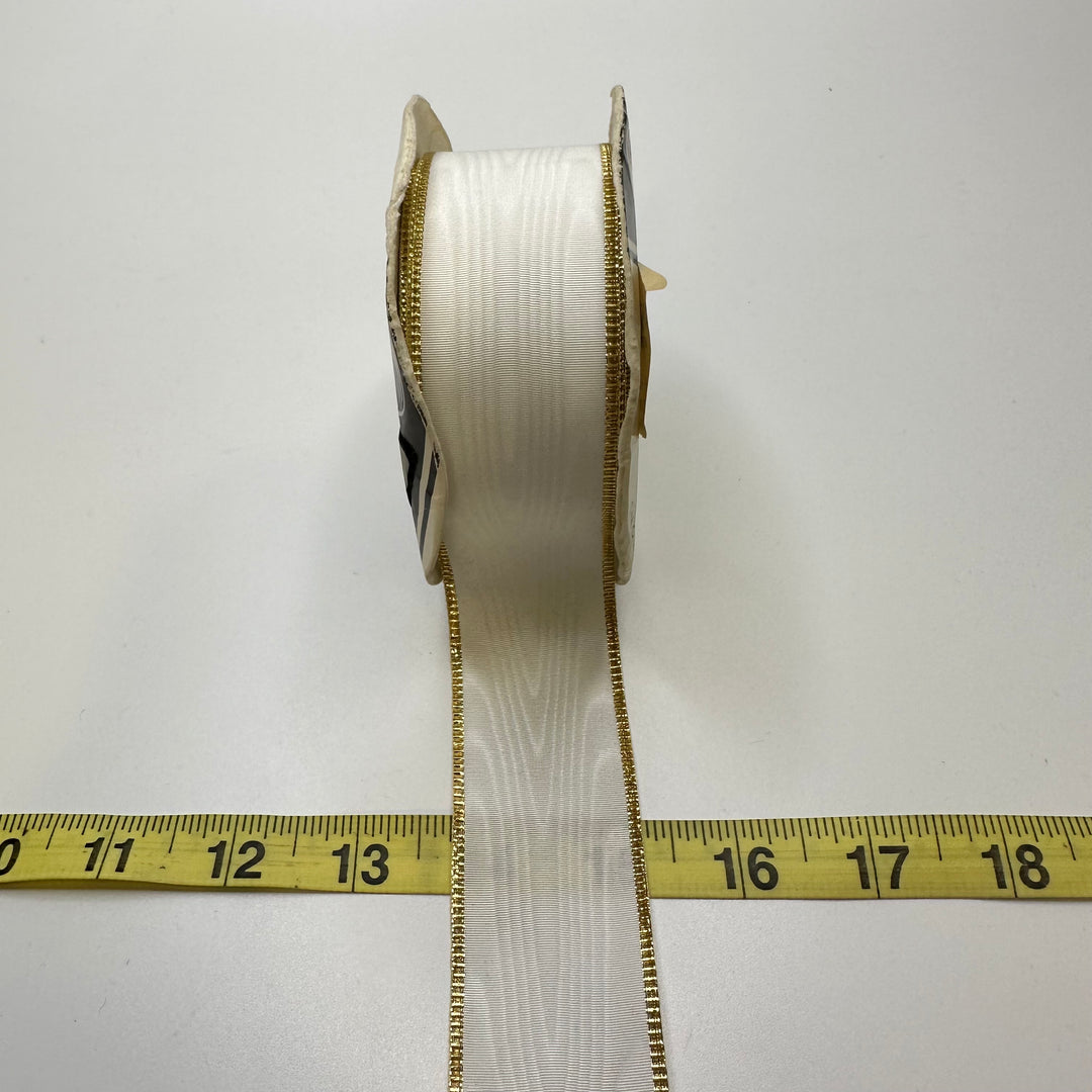 1 ½" (38mm) Wired  Ribbon Trim - White/Gold - Roll