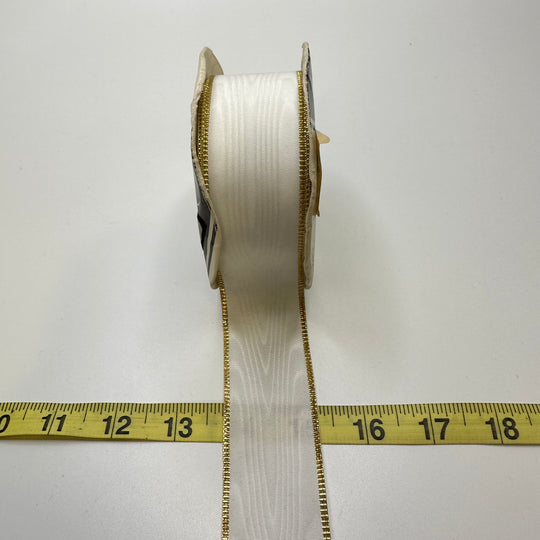1 ½" (38mm) Wired  Ribbon Trim - White/Gold - Roll