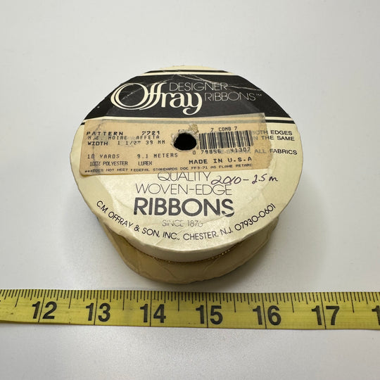 1 ½" (38mm) Wired  Ribbon Trim - White/Gold - Roll
