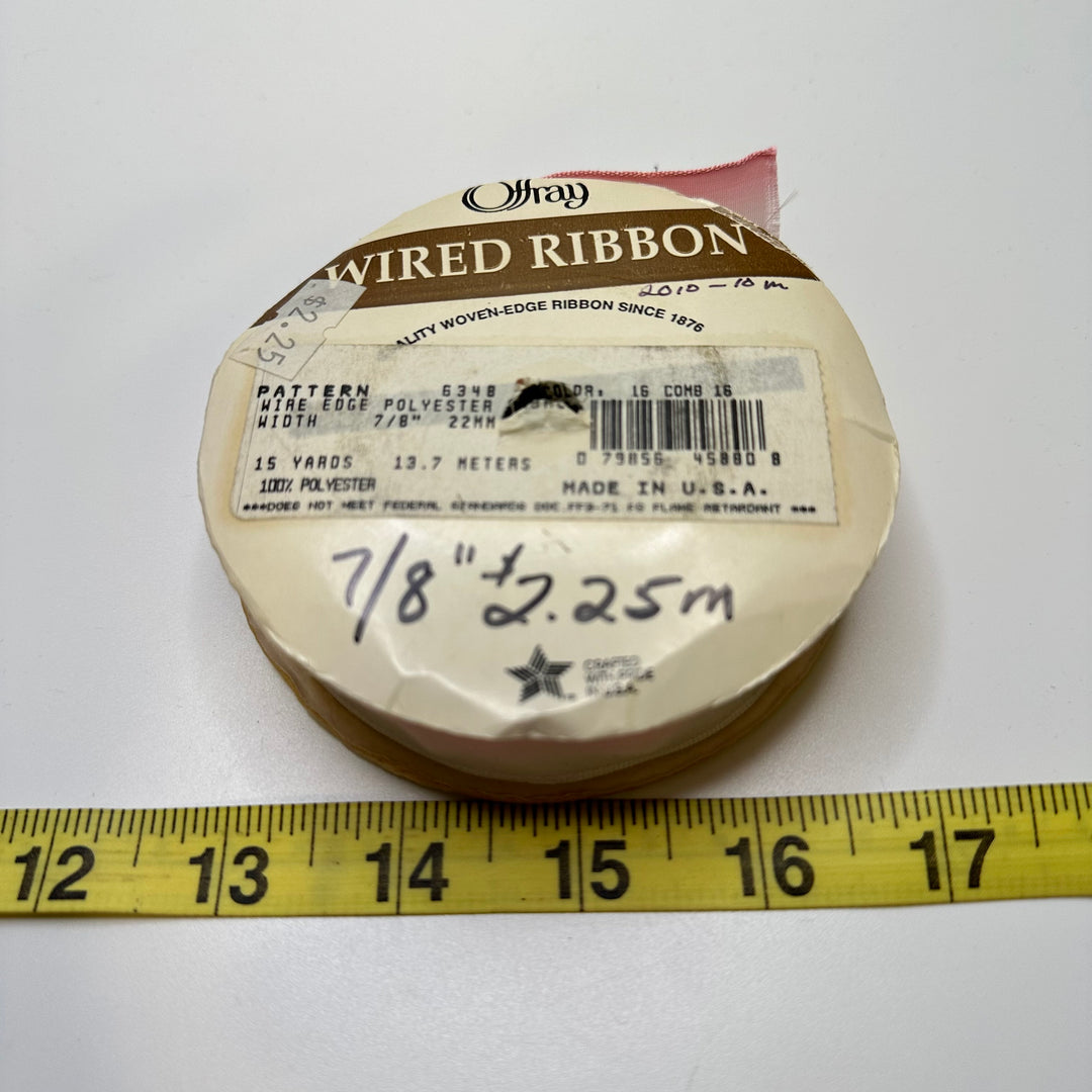 ⅚" (22mm) Wired  Ribbon Trim - Light Pink/White - Roll
