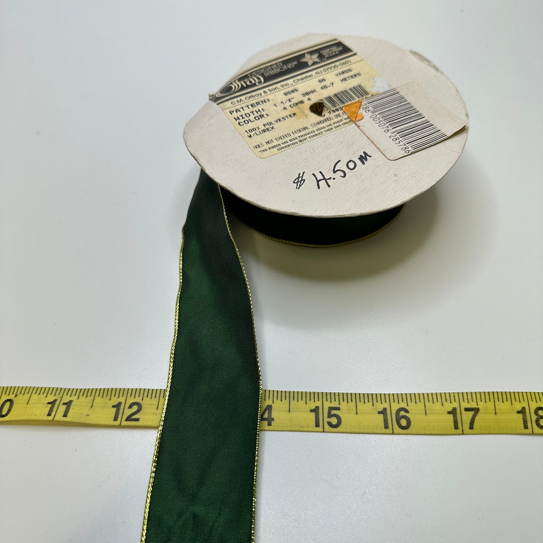 1 ½" (38mm) Wired  Ribbon Trim - Green/Gold - Roll