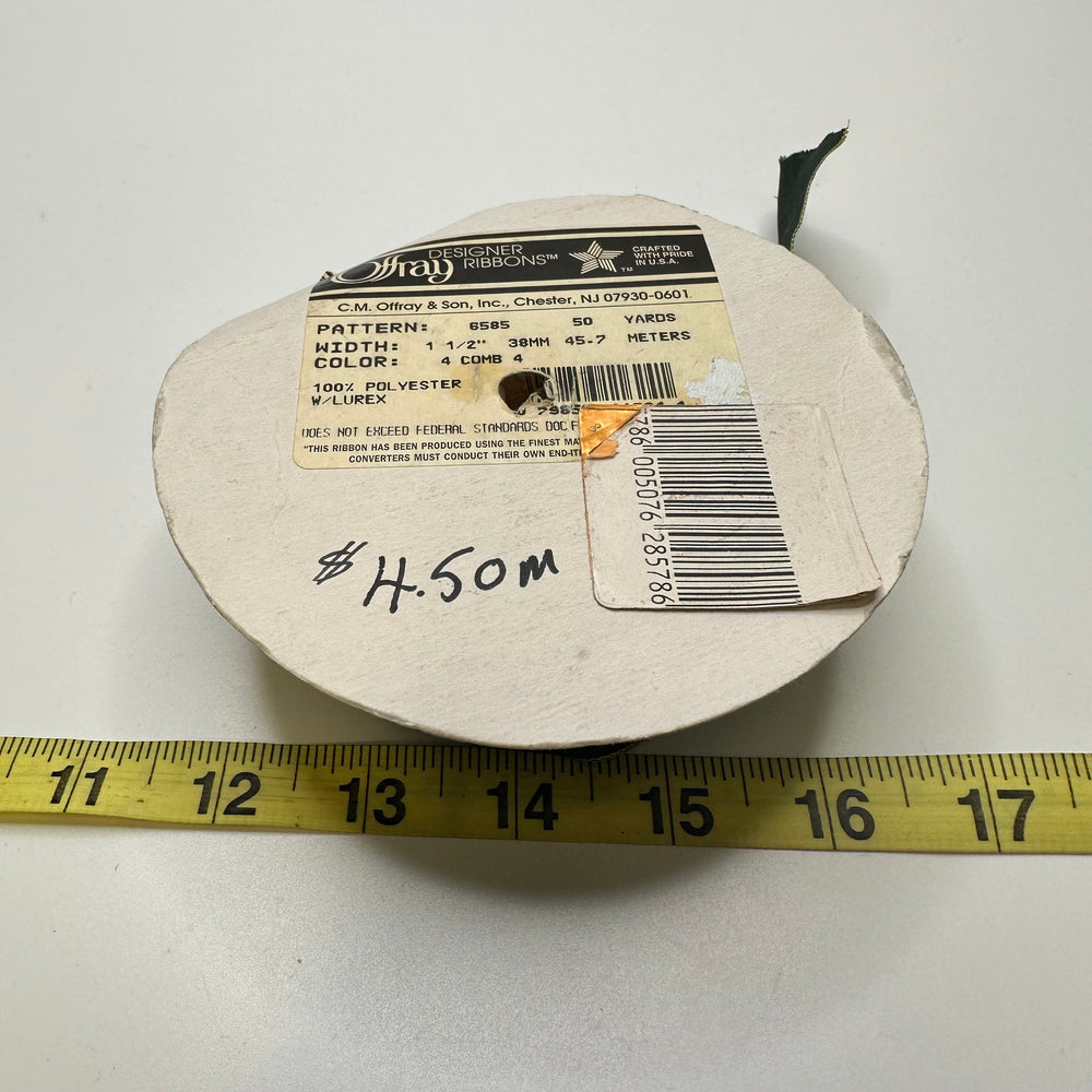 1 ½" (38mm) Wired  Ribbon Trim - Green/Gold - Roll