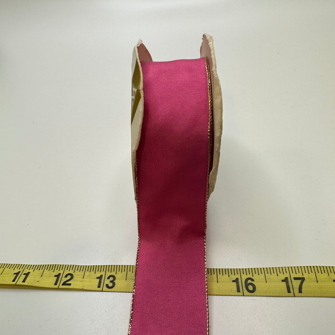 1 ½" (38mm) Wired  Ribbon Trim - Pink/Gold - Roll