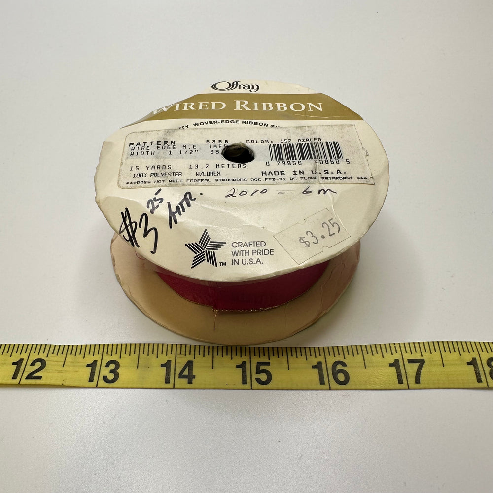 1 ½" (38mm) Wired  Ribbon Trim - Pink/Gold - Roll