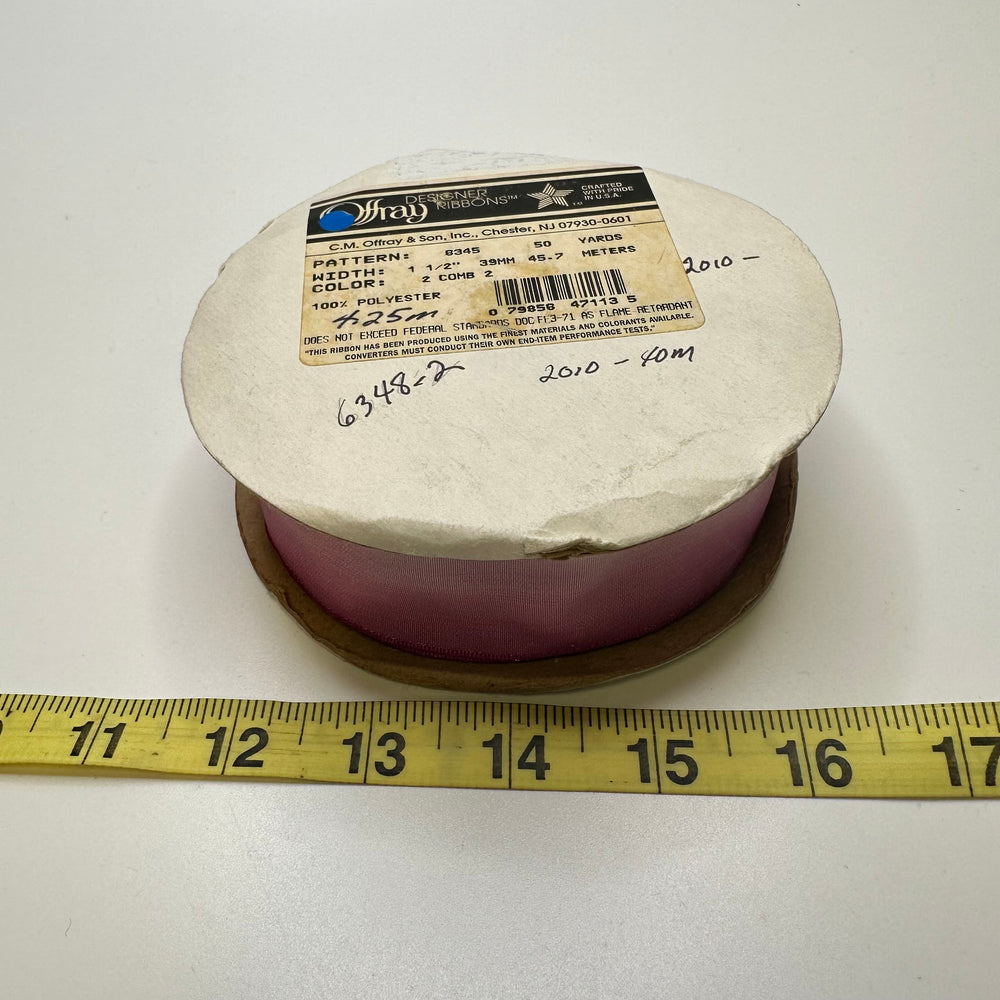 1 ½" (38mm) Wired  Ribbon Trim - Pink/White - Roll
