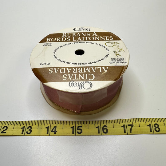 1 ½" (38mm) Wired  Ribbon Trim - Pink/Gold - Roll