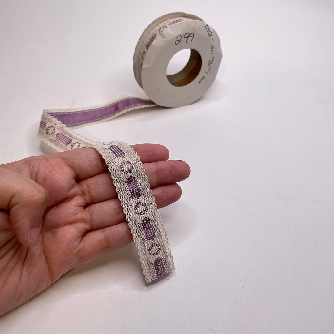 ¾" (19mm) Vintage  Lace Trim - Light Purple/White - Roll