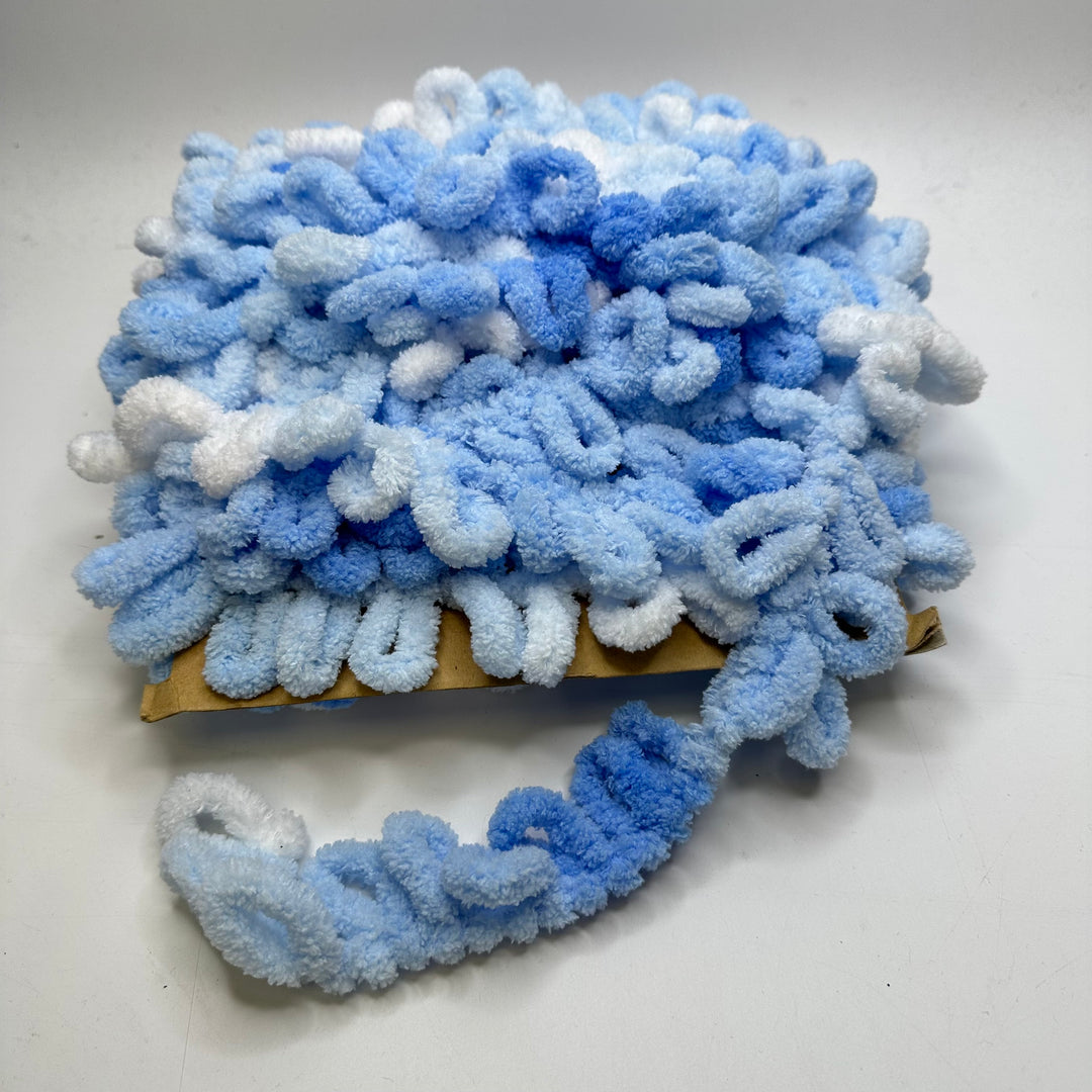 1 ½" (38mm)   Plush Yarn Trim - Light Blue/White - 1M