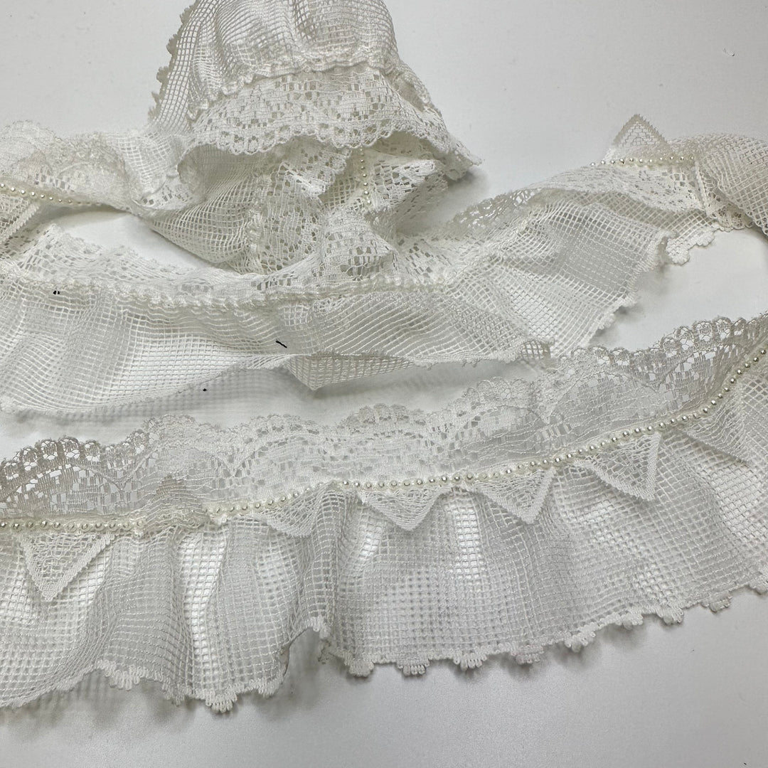 2 ½" (64mm) Beaded Scalloped Mesh Lace Trim - White - 1.3M Bundle