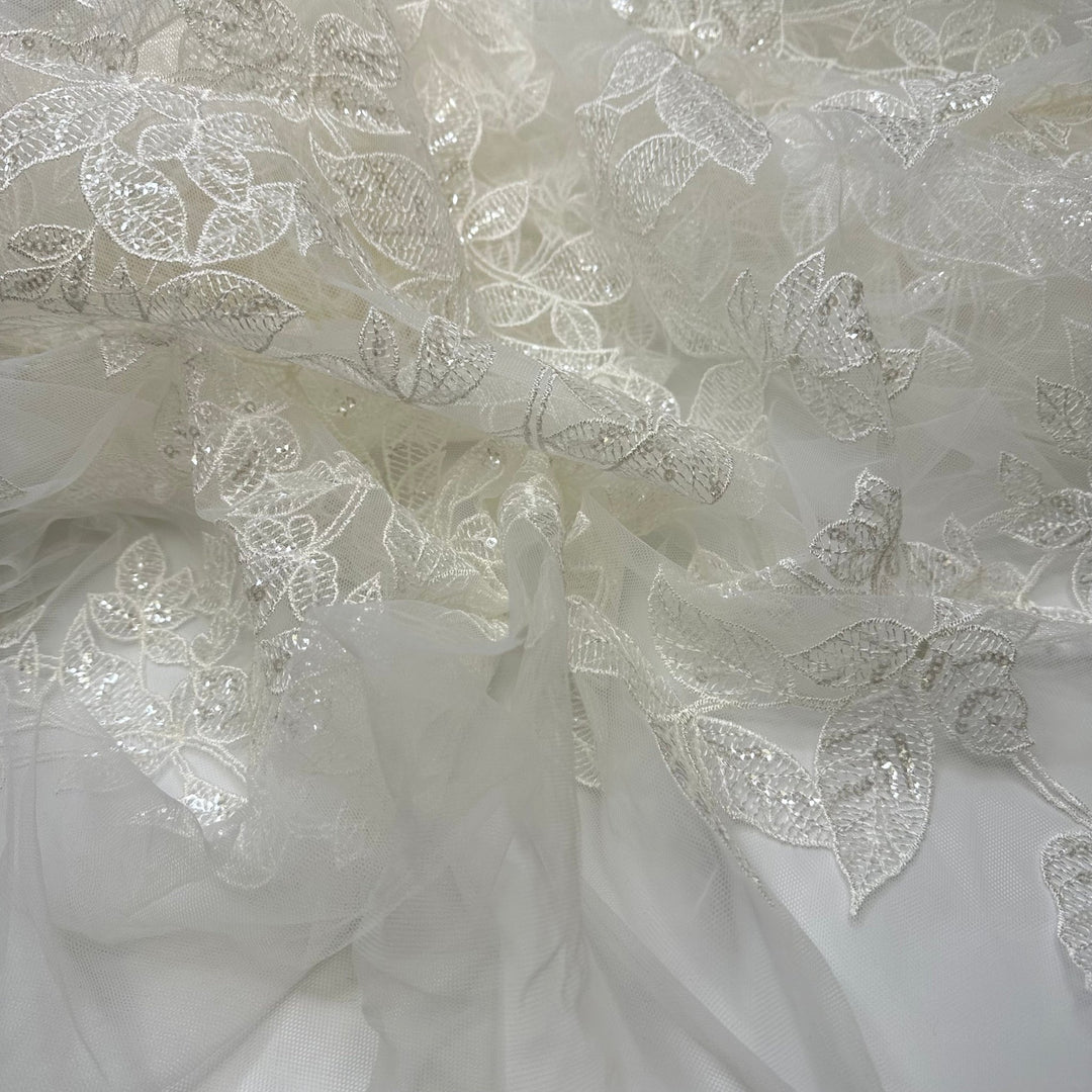 A Couples First Dance - Embroidered With Sequins Tulle Poly Knit - Off White Leaf Ivy - Bundles - True Deadstock fabric Fabric by private - Sustainable Textile | FABCYCLE