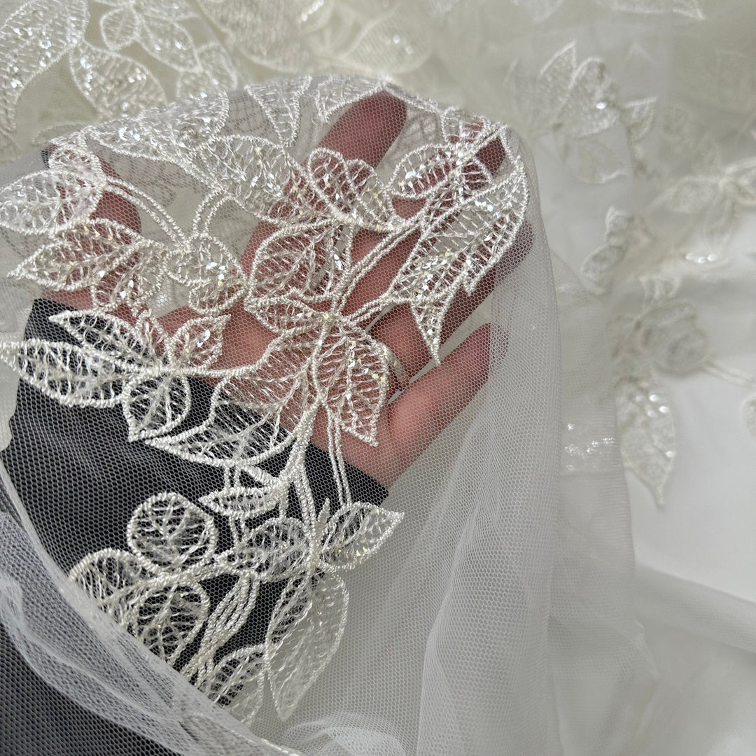 A Couples First Dance - Embroidered With Sequins Tulle Poly Knit - Off White Leaf Ivy - Bundles - True Deadstock fabric Fabric by private - Sustainable Textile | FABCYCLE