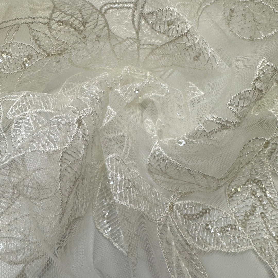 A Couples First Dance - Embroidered With Sequins Tulle Poly Knit - Off White Leaf Ivy - Bundles - True Deadstock fabric Fabric by private - Sustainable Textile | FABCYCLE