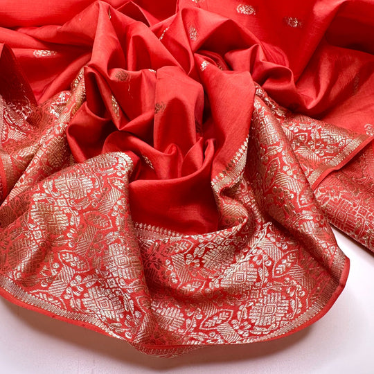 A Glimmering New Day - Embroidered Satin Cotton/Poly Woven - Gold/Red Damask - 1.3M Bundle - True Deadstock fabric Fabric by private - Sustainable Textile | FABCYCLE