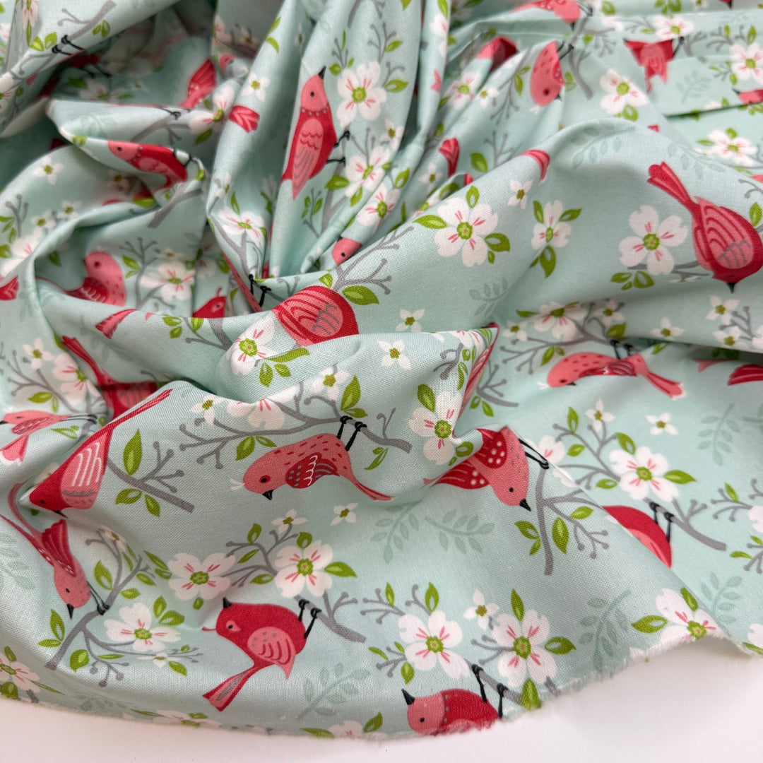A Nest Of Quilts - Cotton Woven - Light Blue/Red Birds - 0.9M Bundle - True Deadstock fabric Fabric by private - Sustainable Textile | FABCYCLE