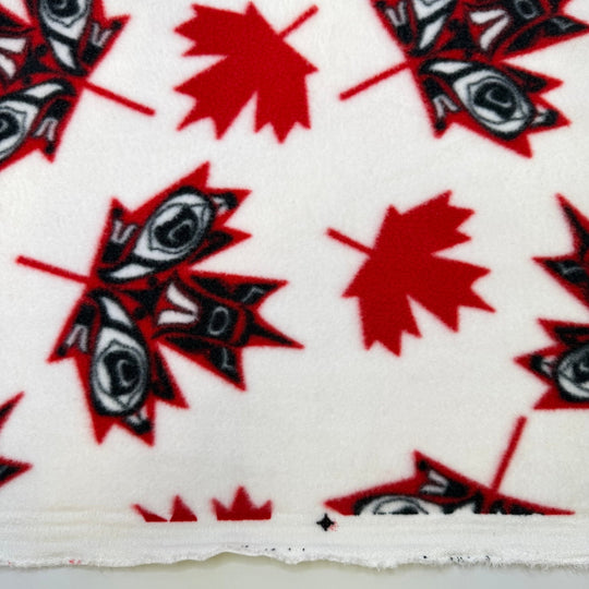 Bannock - Fleece Acrylic Blend Knit - White/Red Formline Canadian Leaves - 1.3M Bundle - True Deadstock fabric Fabric by private - Sustainable Textile | FABCYCLE