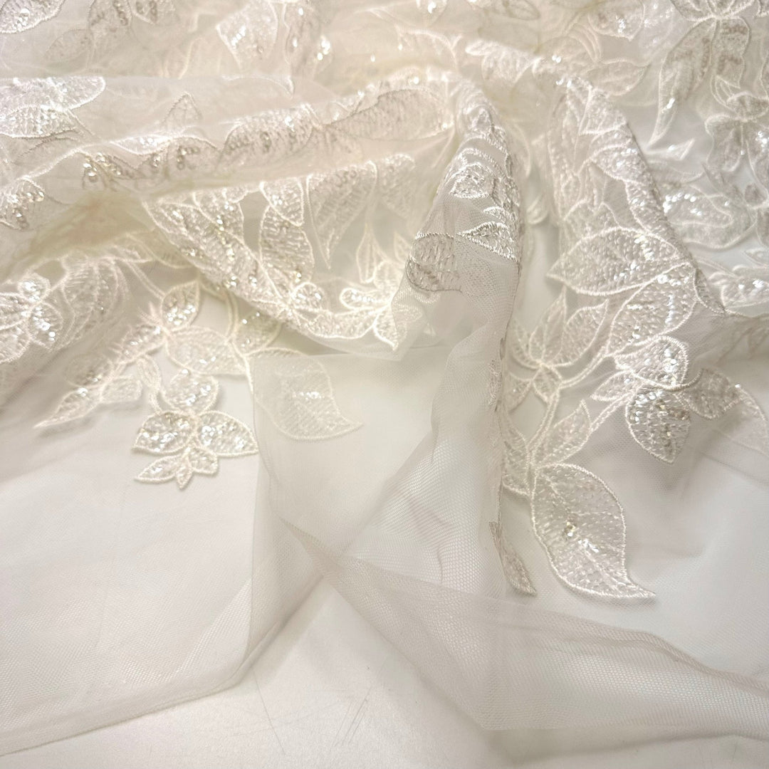 Basking In The Sun - Sequins Lace Polyester Blend Knit - White Floral - 1.5M Bundle - True Deadstock fabric Fabric by private - Sustainable Textile | FABCYCLE