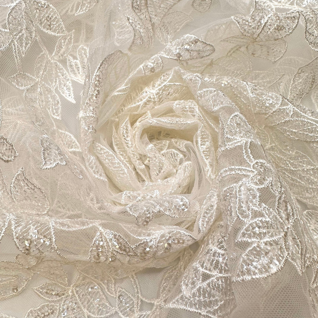 Basking In The Sun - Sequins Lace Polyester Blend Knit - White Floral - 1.5M Bundle - True Deadstock fabric Fabric by private - Sustainable Textile | FABCYCLE
