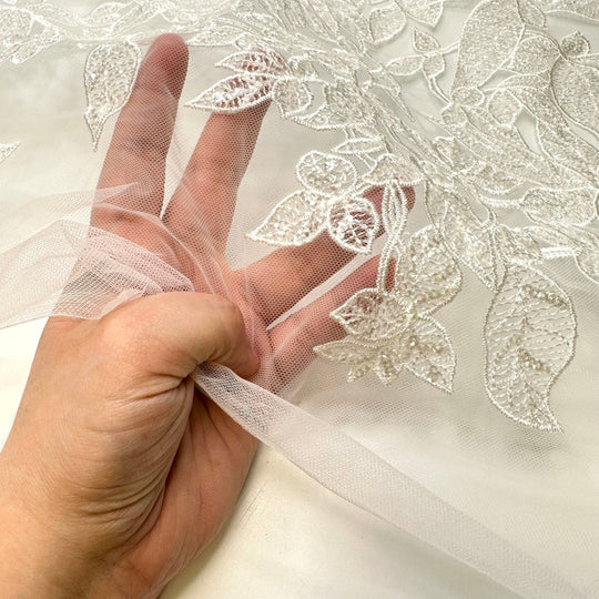Basking In The Sun - Sequins Lace Polyester Blend Knit - White Floral - 1.5M Bundle - True Deadstock fabric Fabric by private - Sustainable Textile | FABCYCLE