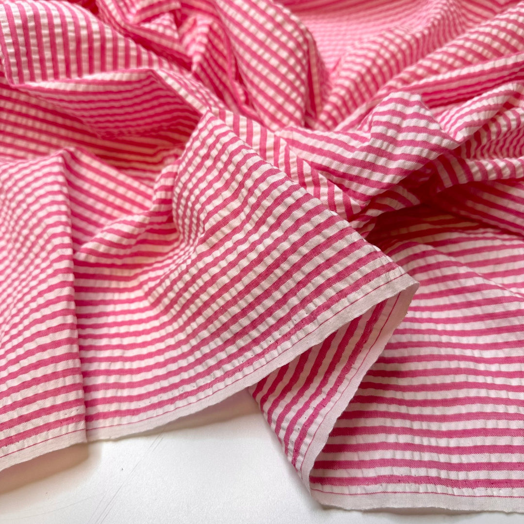 Beach Barbie - Crinkle Poly/Cotton Woven - Pink/White Stripes - 3M Bundle - True Deadstock fabric Fabric by private - Sustainable Textile | FABCYCLE