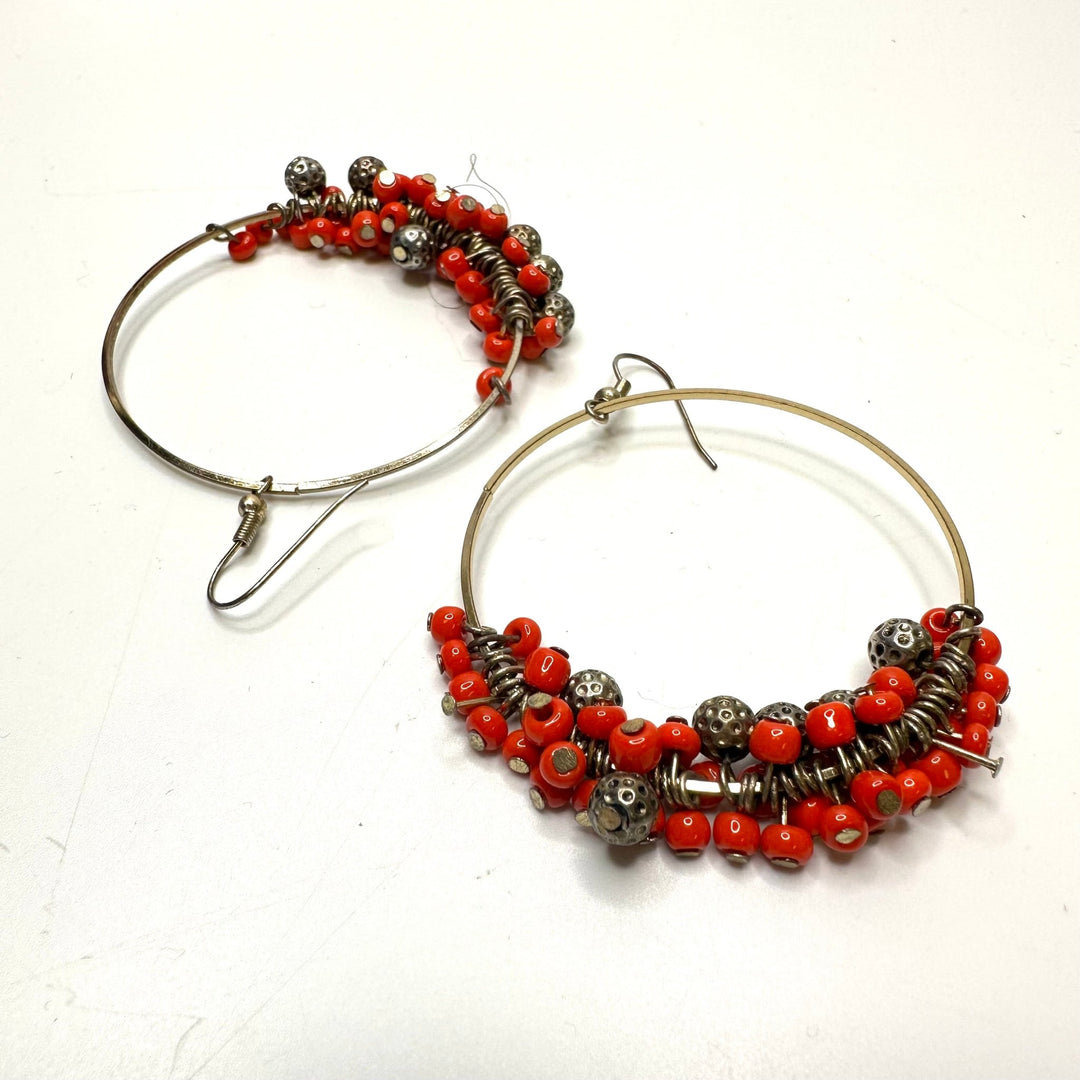 Beaded Hoop Hook Earrings Costume Jewelry - Silver/Red - Individual - True Deadstock supplies Fabric by private - Sustainable Textile | FABCYCLE
