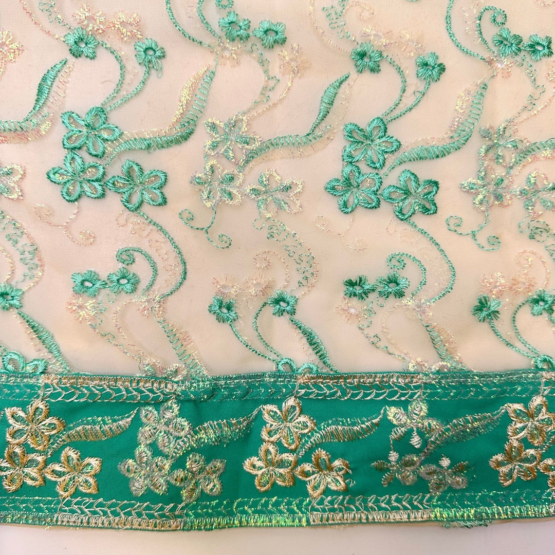 Because I Said So - Metallic Polyester Blend Woven - Light Beige/Teal Floral Border - 2.2M Bundle - True Deadstock fabric Fabric by private - Sustainable Textile | FABCYCLE
