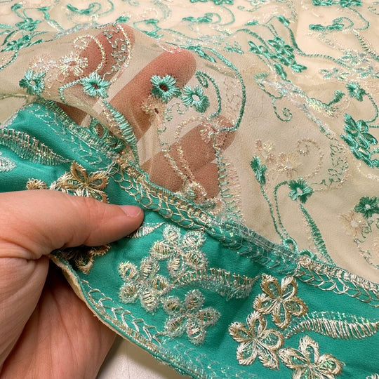 Because I Said So - Metallic Polyester Blend Woven - Light Beige/Teal Floral Border - 2.2M Bundle - True Deadstock fabric Fabric by private - Sustainable Textile | FABCYCLE