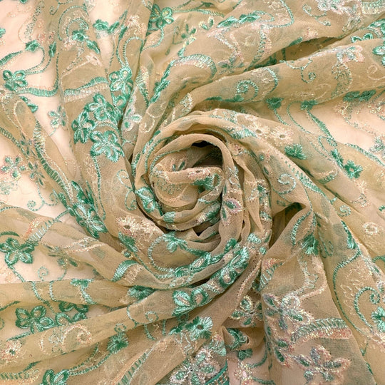 Because I Said So - Metallic Polyester Blend Woven - Light Beige/Teal Floral Border - 2.2M Bundle - True Deadstock fabric Fabric by private - Sustainable Textile | FABCYCLE