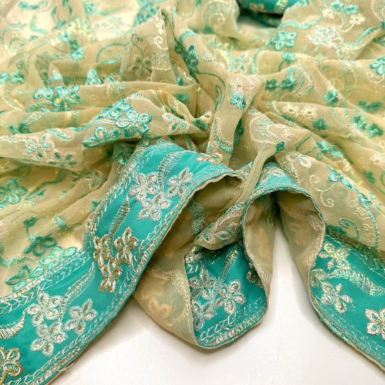 Because I Said So - Metallic Polyester Blend Woven - Light Beige/Teal Floral Border - 2.2M Bundle - True Deadstock fabric Fabric by private - Sustainable Textile | FABCYCLE