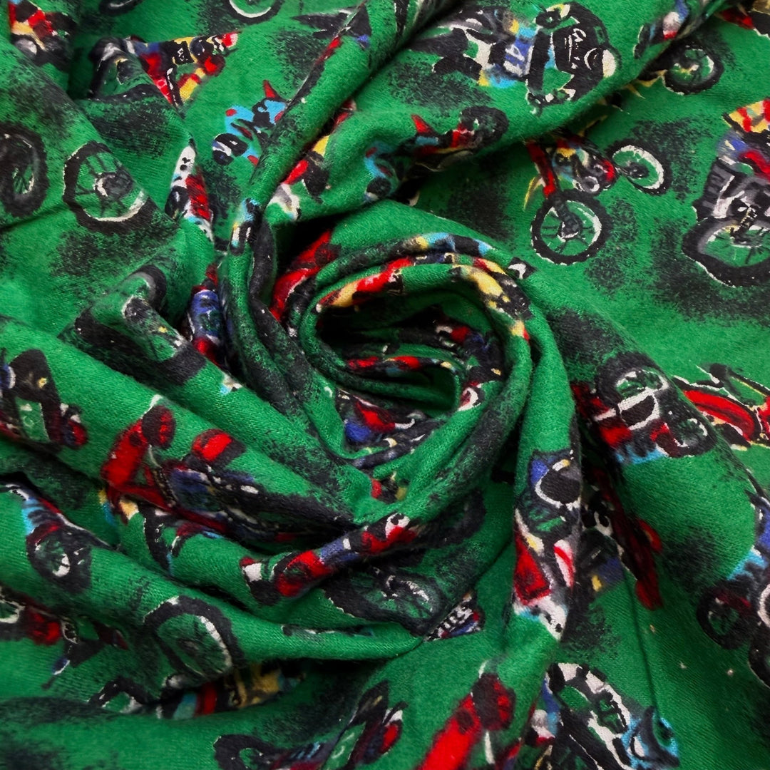 Beef Wellington - Flanelette Cotton Woven - Green Multi Dirtbikes - 2M Bundle - True Deadstock fabric Fabric by private - Sustainable Textile | FABCYCLE