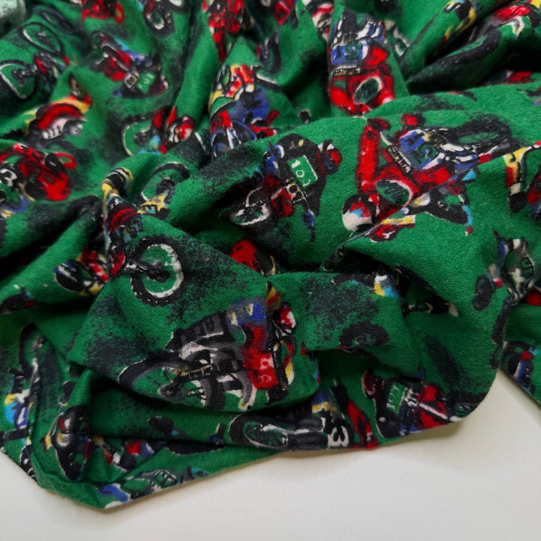 Beef Wellington - Flanelette Cotton Woven - Green Multi Dirtbikes - 2M Bundle - True Deadstock fabric Fabric by private - Sustainable Textile | FABCYCLE