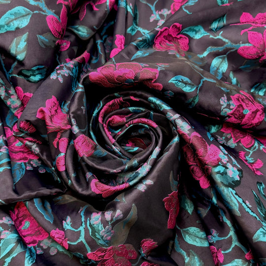 Belle Of The Ball - Jacquard Polyester Blend Woven - Dark Black/Pink Floral - 1.5M Bundle - True Deadstock fabric Fabric by private - Sustainable Textile | FABCYCLE