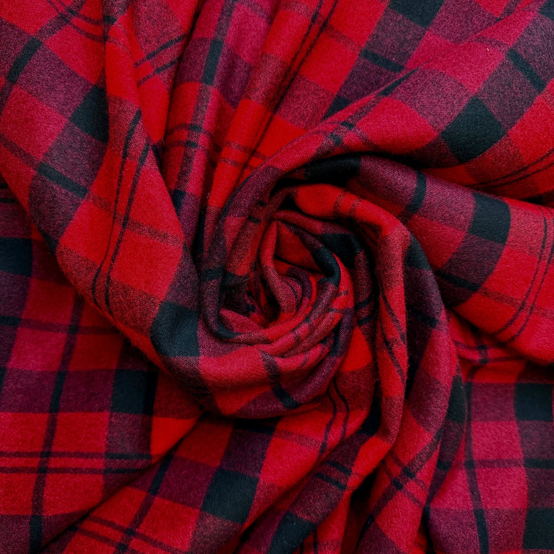 Big Warm Fire - Brushed Felt Acrylic/Viscose Woven - Black/Red Plaid - Bundles - True Deadstock fabric Fabric by private - Sustainable Textile | FABCYCLE