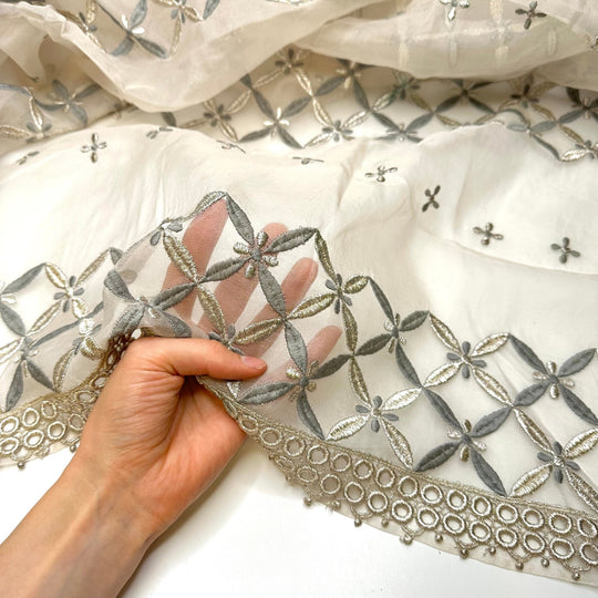 Blooming Again - Embroidered With Applique Hem Organza Silk Blend Woven - Grey/White Floral - 1.4M Bundle - True Deadstock fabric Fabric by private - Sustainable Textile | FABCYCLE