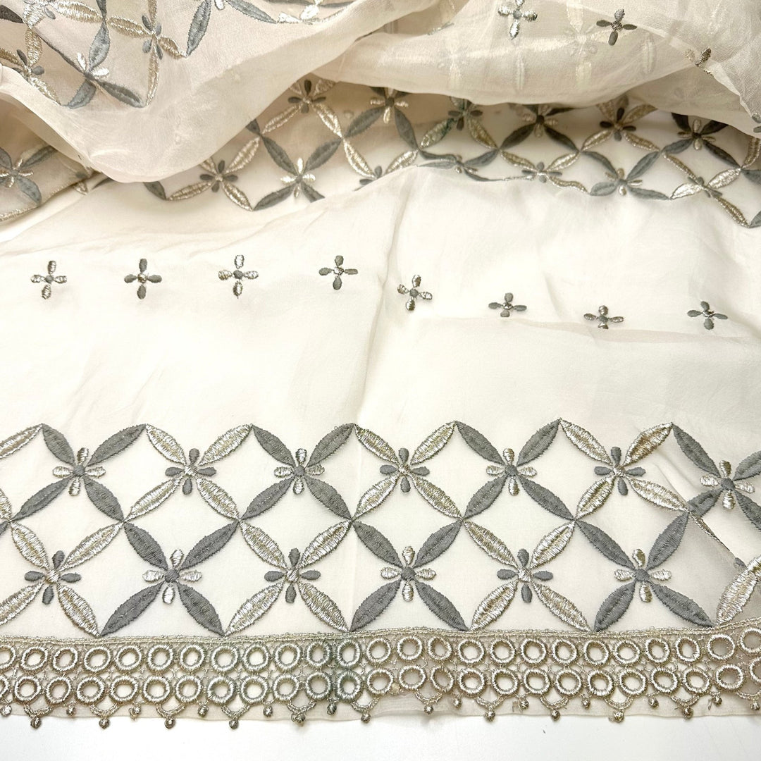 Blooming Again - Embroidered With Applique Hem Organza Silk Blend Woven - Grey/White Floral - 1.4M Bundle - True Deadstock fabric Fabric by private - Sustainable Textile | FABCYCLE