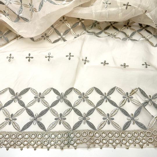 Blooming Again - Embroidered With Applique Hem Organza Silk Blend Woven - Grey/White Floral - 1.4M Bundle - True Deadstock fabric Fabric by private - Sustainable Textile | FABCYCLE