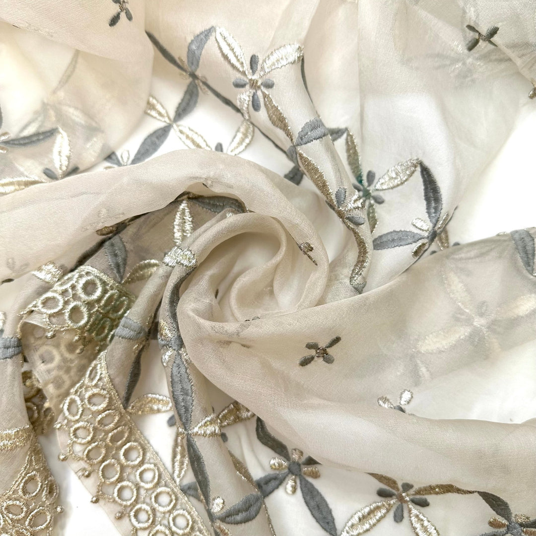 Blooming Again - Embroidered With Applique Hem Organza Silk Blend Woven - Grey/White Floral - 1.4M Bundle - True Deadstock fabric Fabric by private - Sustainable Textile | FABCYCLE