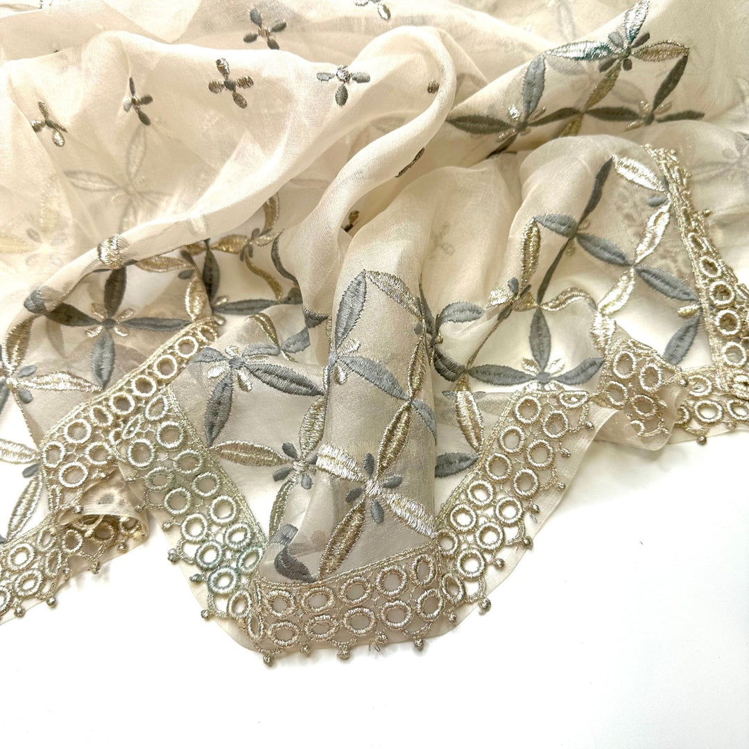 Blooming Again - Embroidered With Applique Hem Organza Silk Blend Woven - Grey/White Floral - 1.4M Bundle - True Deadstock fabric Fabric by private - Sustainable Textile | FABCYCLE