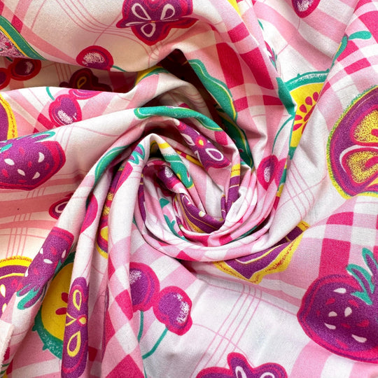Blossom - Vintage Cotton/Poly Woven - Light Pink Multi Plaid Fruit - 4.9M Bundle - True Deadstock fabric Fabric by private - Sustainable Textile | FABCYCLE