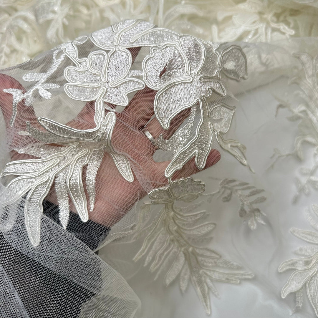 Bohemian Grove - Embroidered With Sequins Tulle Poly Knit - Cream Floral - 1M 3 Pack - True Deadstock fabric Fabric by private - Sustainable Textile | FABCYCLE
